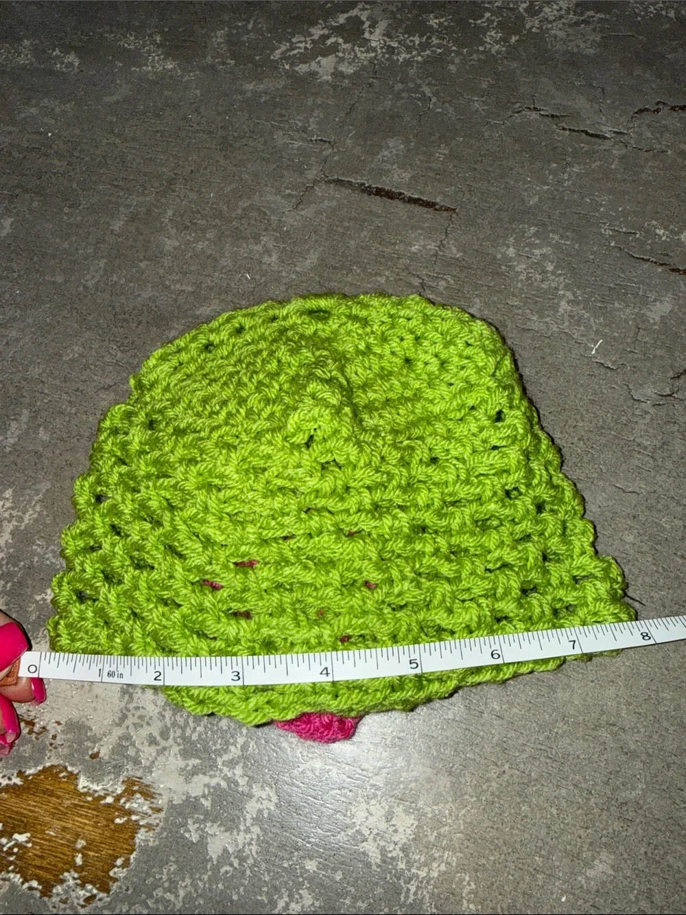NWOT Handmade Green Crochet Beanie with Pink Flower and rhinestone Accent